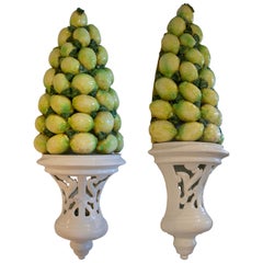 1970a Pair of Ceramic Handpainted Wall Lamps with a Lemon Stack Design