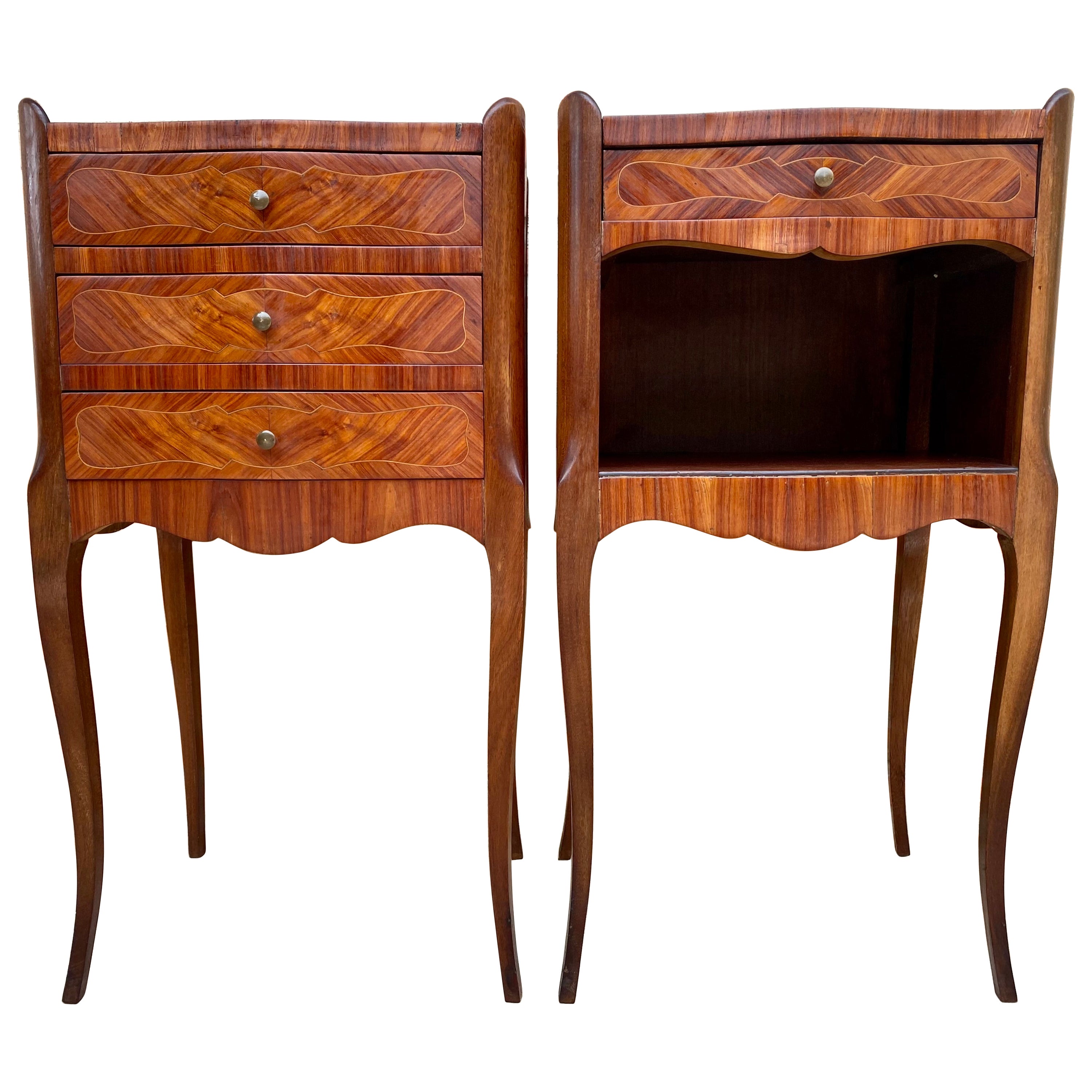 Early 20th Century French Marquetry and Iron Hardware Bedside Tables or Nightsta For Sale