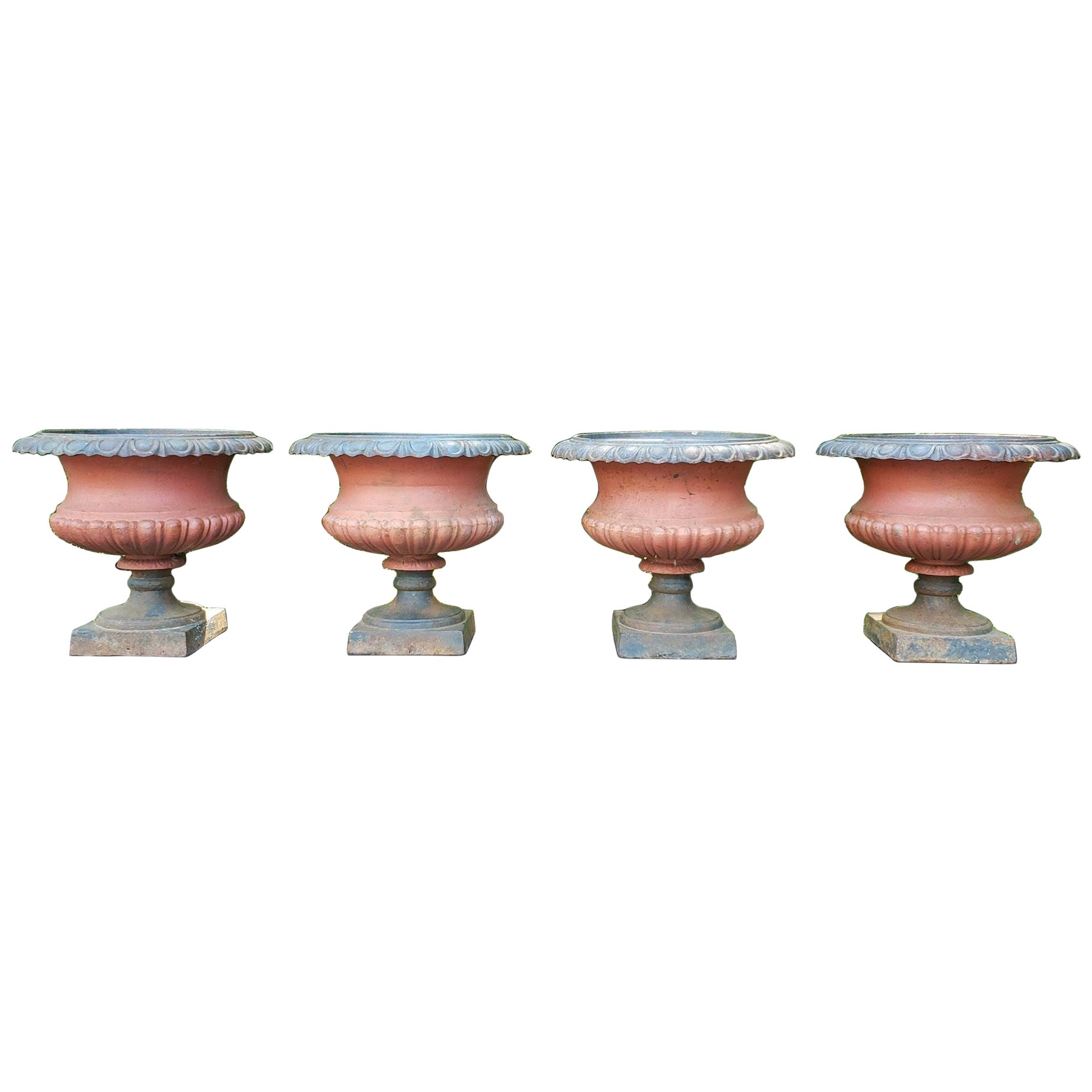 Painted Cast Iron Garden Urns and Pedestal Bases, American, Mid20th