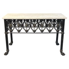 Bronze and Travertine Console Table with Paw Feet and Sun Design on Apron