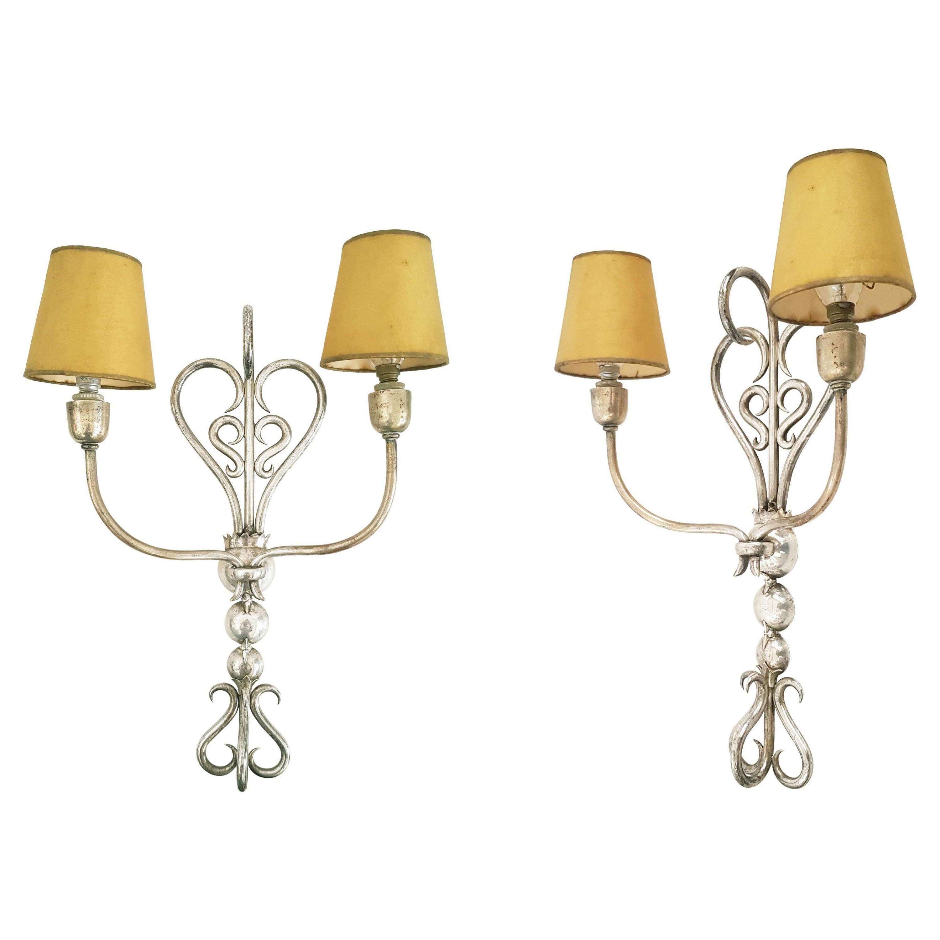 Italian Silver Plated Brass Deco 2-Lights Sconces