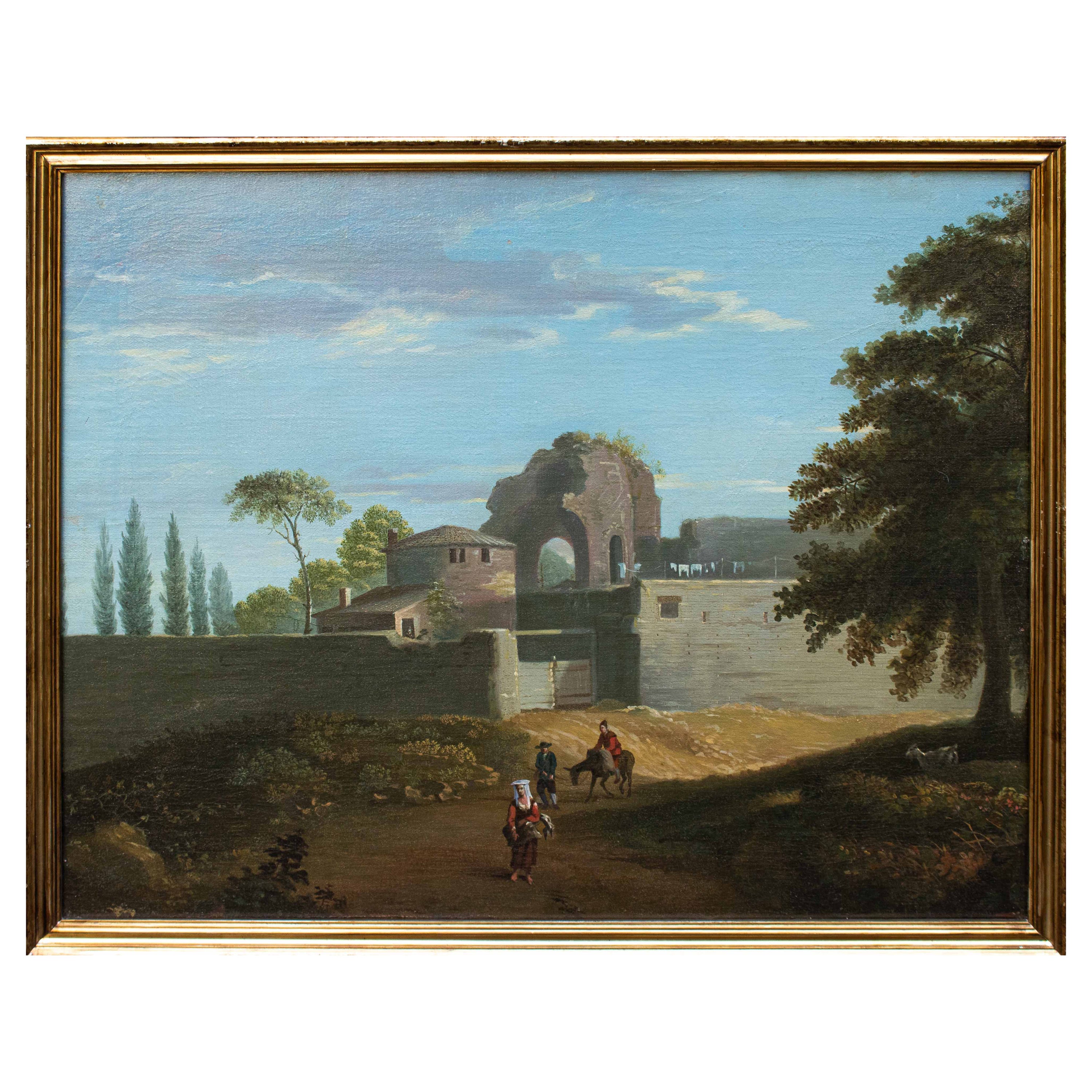 Peinture à l'huile sur toile - Vue du temple de Minerve du 17e-18e siècle en vente