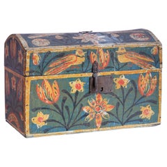 Vintage Wooden Wedding Chest with Hand Painted Flowers, France, 19th Century