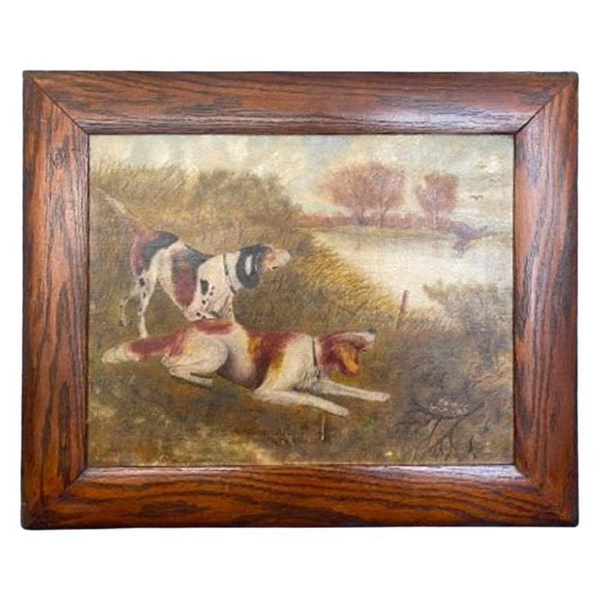Late 19th Century Wood Framed Folk Art Painting Depicting Hound Dogs by River For Sale