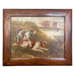 Used Late 19th Century Wood Framed Folk Art Painting Depicting Hound Dogs by River