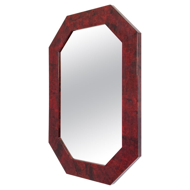Octagonal Shape Red Lacquered Burl Wood Wall Mirror  For Sale