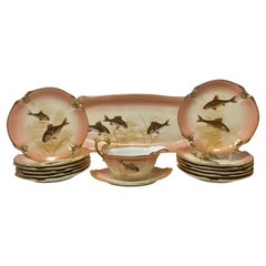 Set of 14 Antique French Hand-Painted Limoges Porcelain Fish Service, Circa 1890