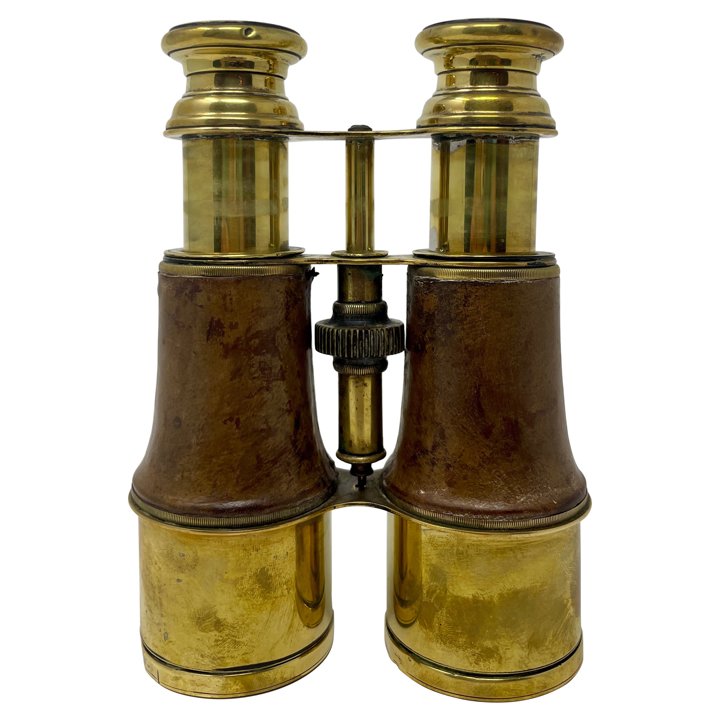 Pair Antique 19th Century English Brass and Leather Binoculars
