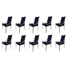 Set of Ten Chrome and Royal Blue Velvet Dining Chair Attributed to Pierre Cardin