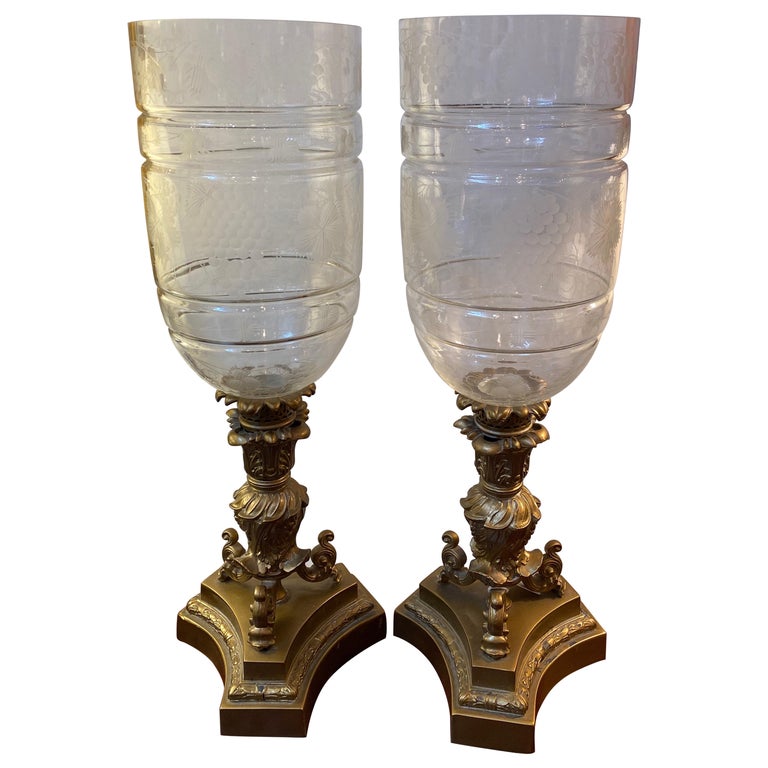 Pair of Early 20th Century Gilt and Engraved Glass Hurricane Candle