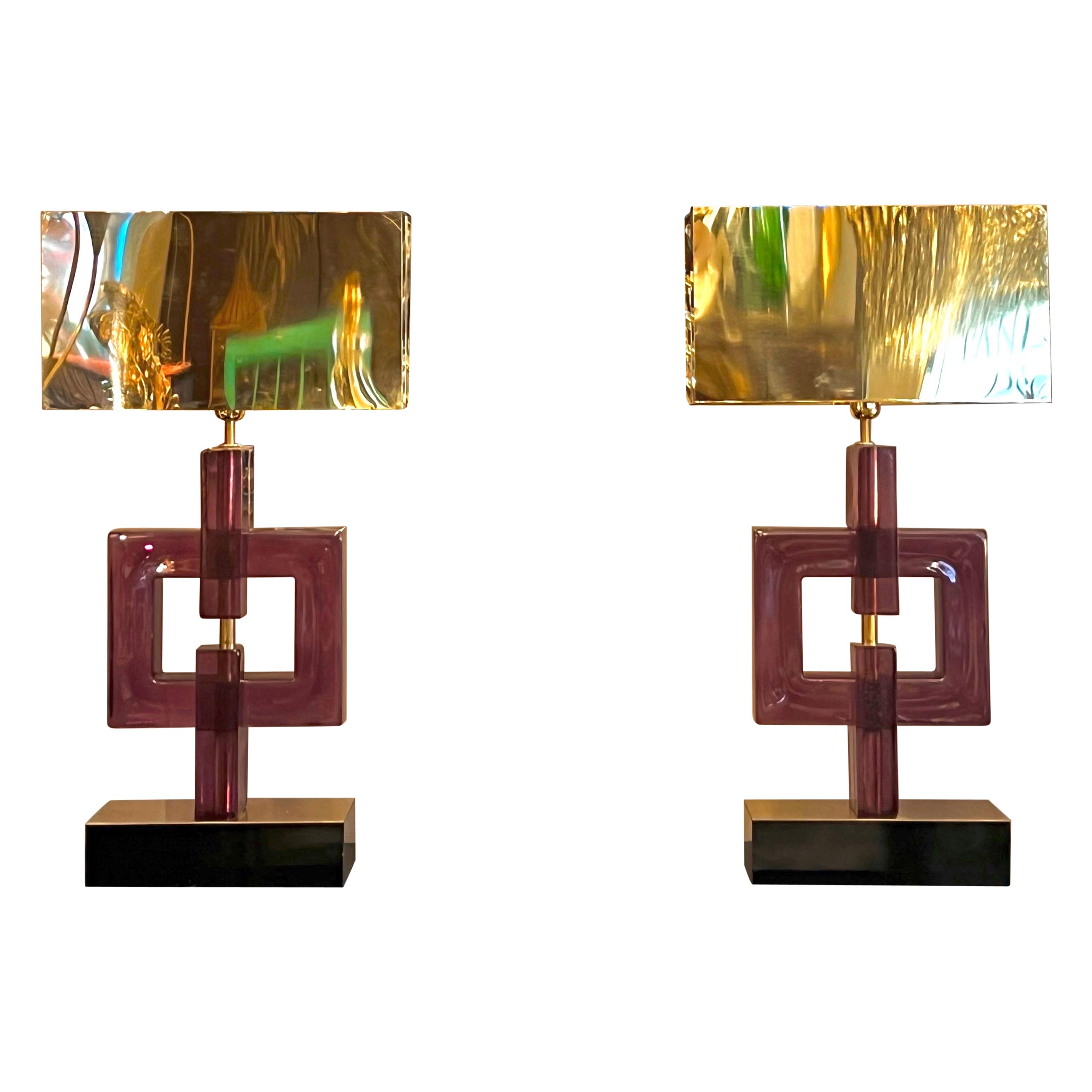 Pair of Amethyst Murano Table Lamps with Brass Lampshades, 1970s