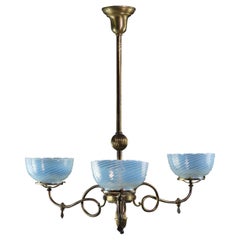 Circa 1900, Electrified Gas Chandelier w/ 3-Arms & Original Opalescent Shades