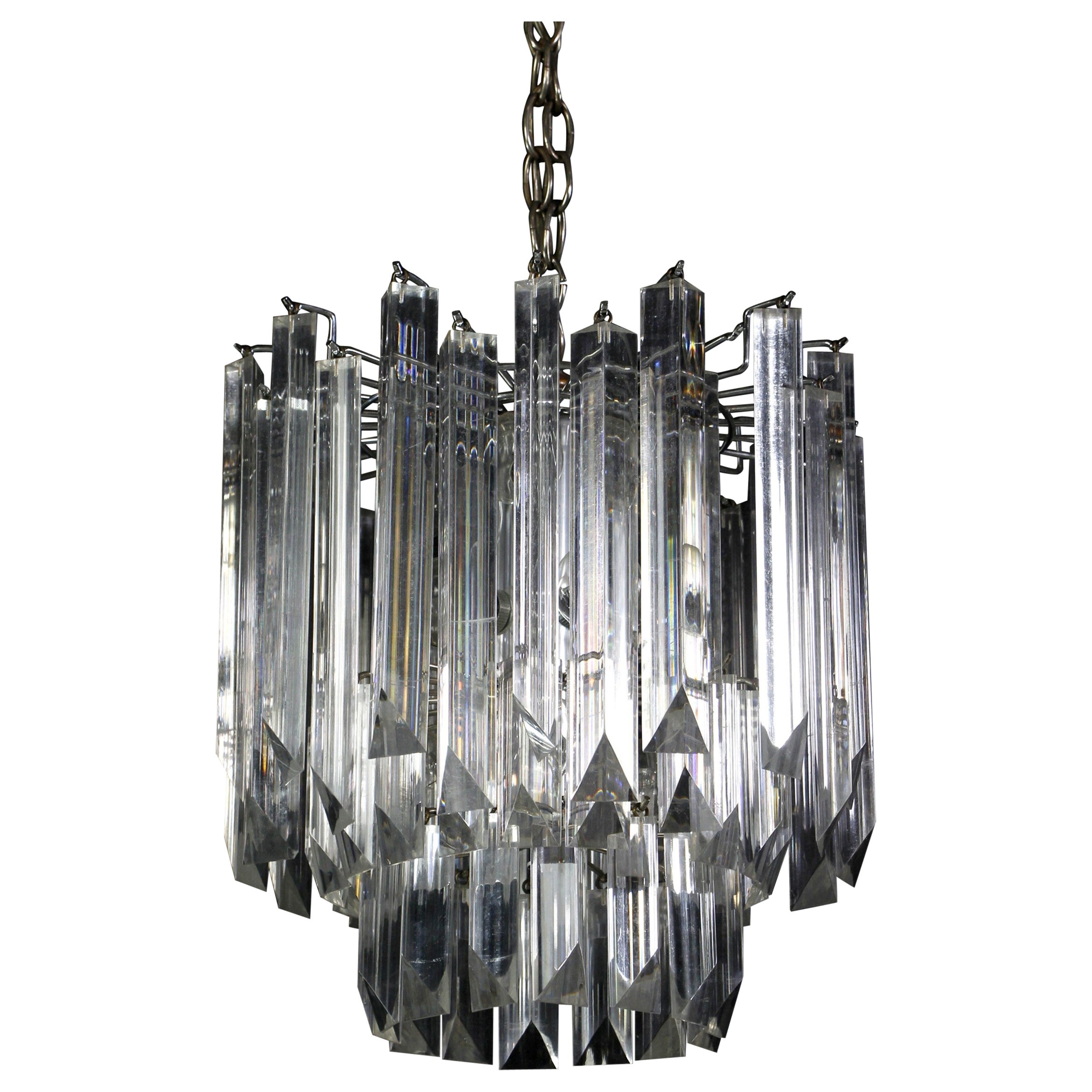 1970s Mid-Century Modern Clear Lucite 3-Tier Prism Chandelier with Chrome Frame
