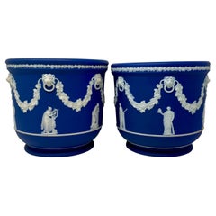 Pair Antique English Blue & White Wedgwood Porcelain Planters, Circa 1890-1900.