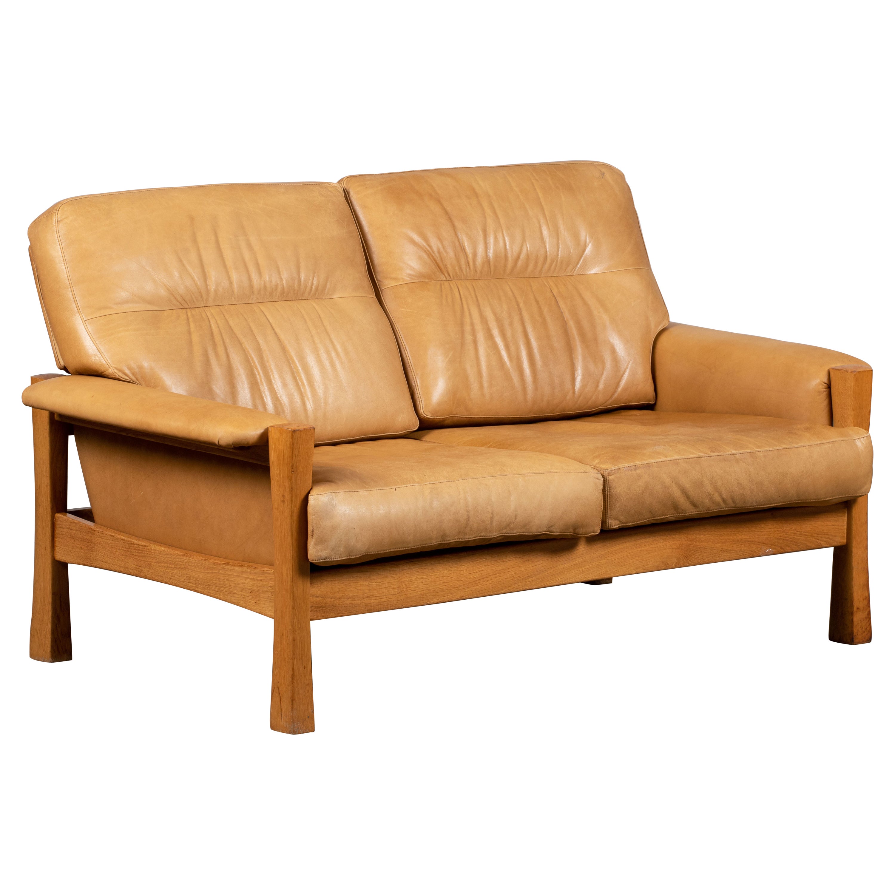 Mid-Century Camel Leather Sofa in Style of Pierre Chapo, 1960 For Sale