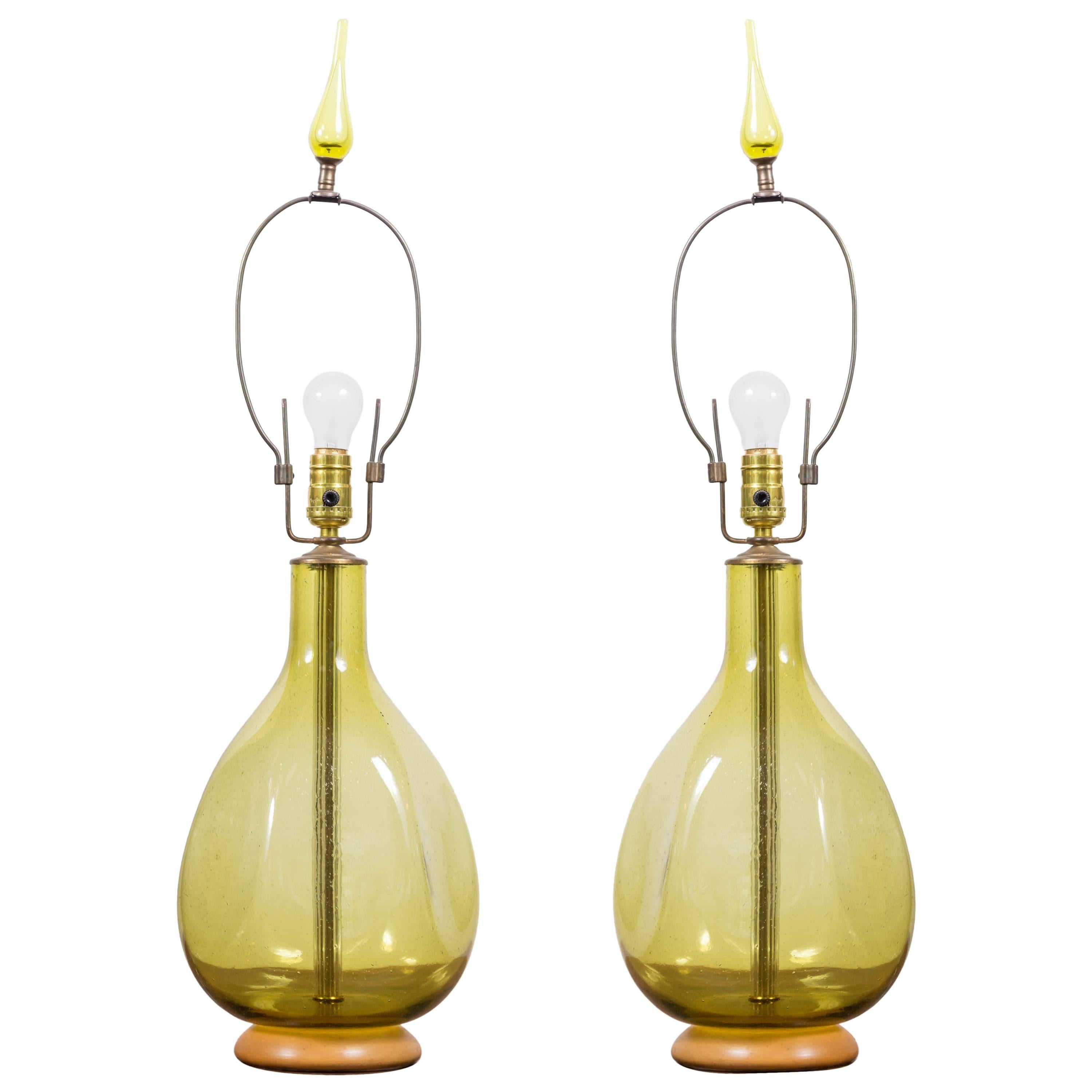 Pair of Lime Blenko Glass Lamps with Matching Finials
