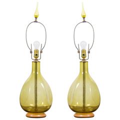 Vintage Pair of Lime Blenko Glass Lamps with Matching Finials