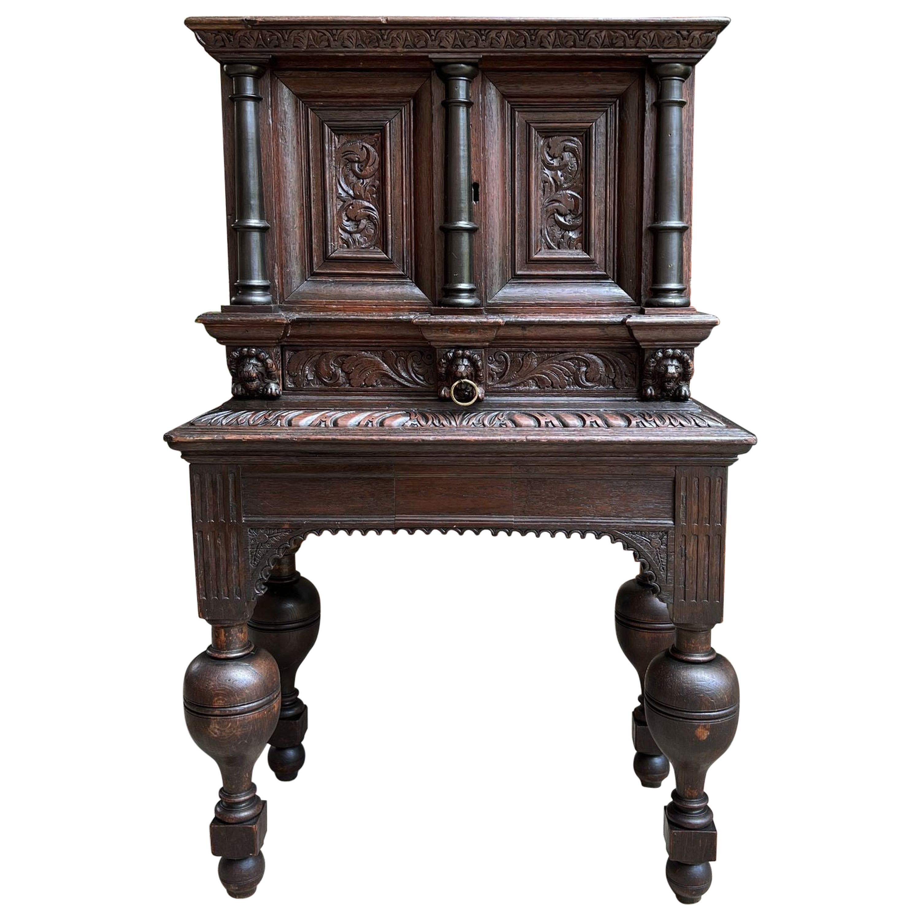 Antique French Carved Oak Cabinet Vestry Altar Wine Renaissance c1860 For Sale