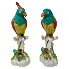 Pair Antique Late 19th Century Hand-Painted Porcelain Parrot Sculptures