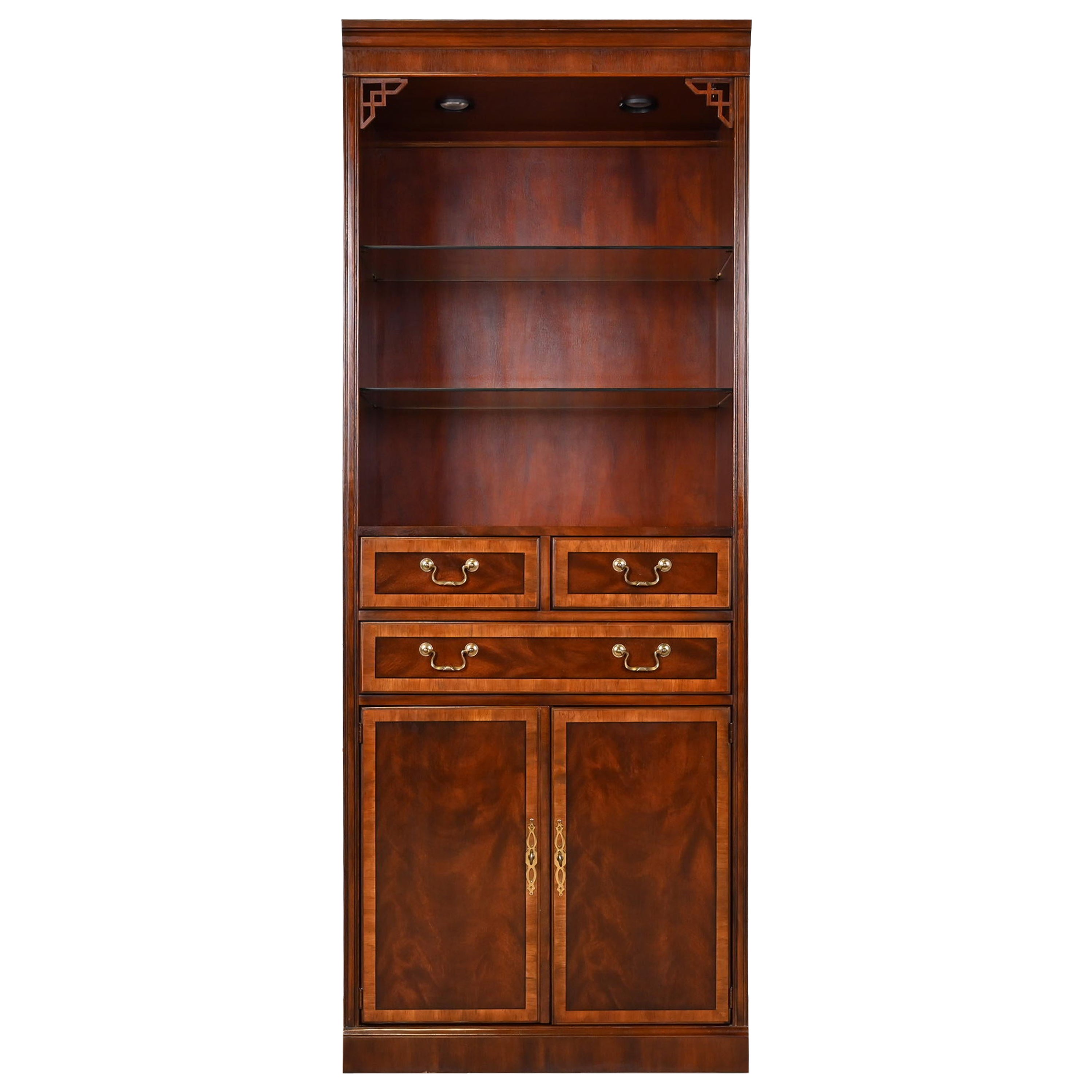 Drexel Heritage Chippendale Banded Mahogany Lighted Bookcase Cabinet