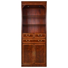 Drexel Heritage Chippendale Banded Mahogany Lighted Bookcase Cabinet