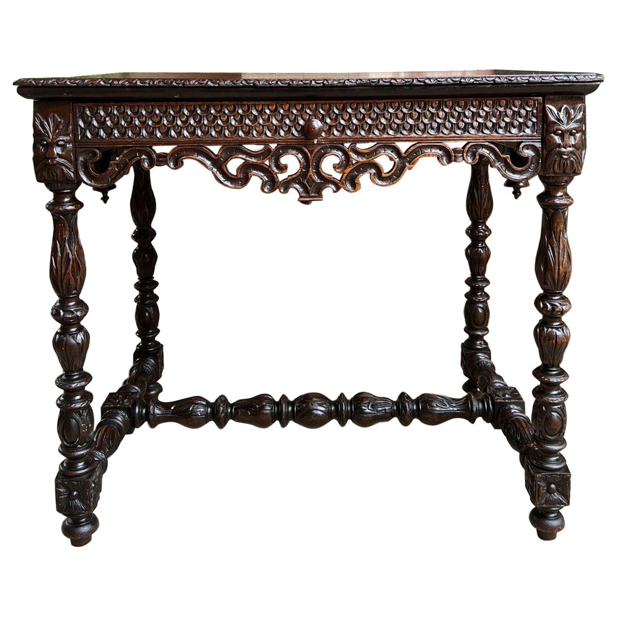 Antique French Breton Carved Oak Sofa Table Writing Library Desk Louis XIV
