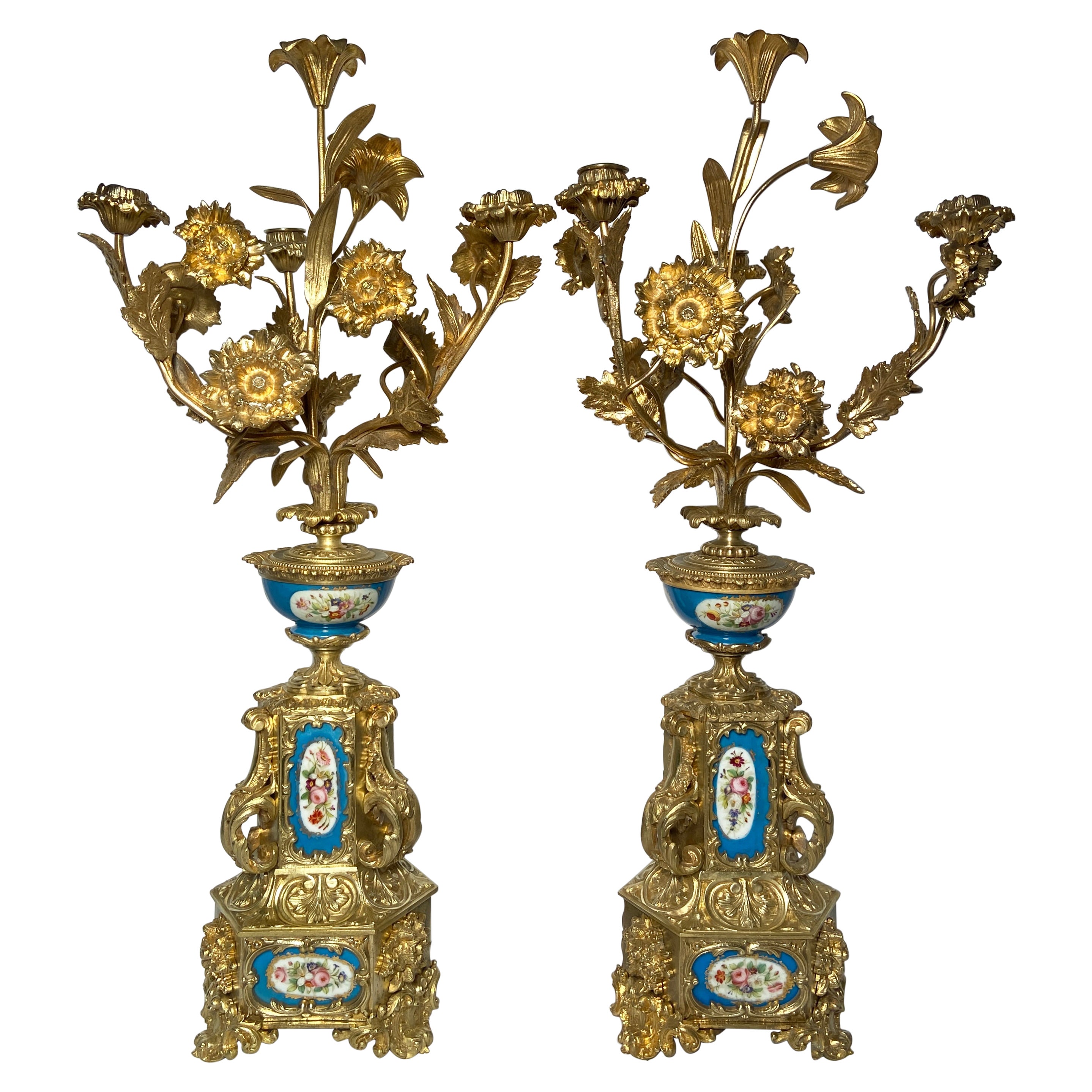 Pair Antique French Sèvres Blue Porcelain & Gold Bronze Candelabra, Ca 1885-1895