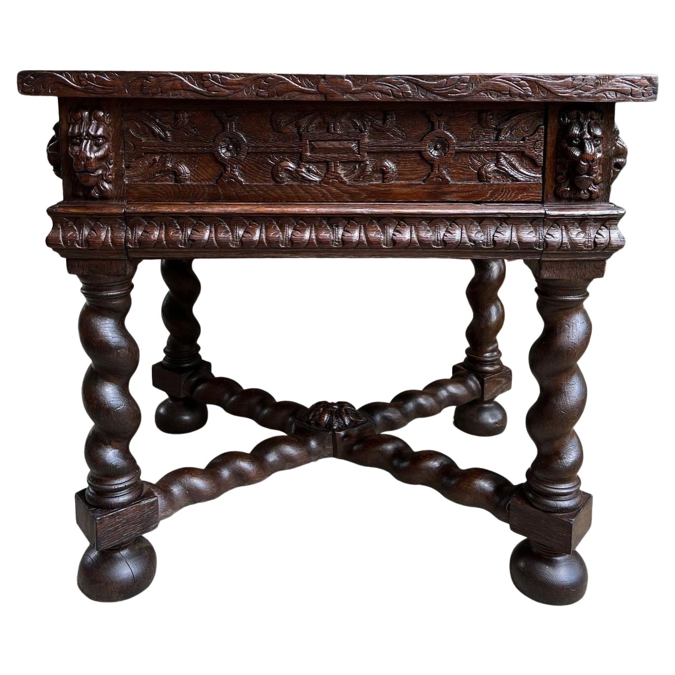 19th Century Antique French Square Sofa Table Carved Oak Barley Twist Louis XIII