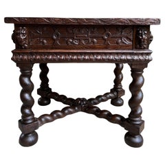 Ancienne table de canapé carrée française sculptée en chêne à torsion d'orge Louis XIII vers 1890