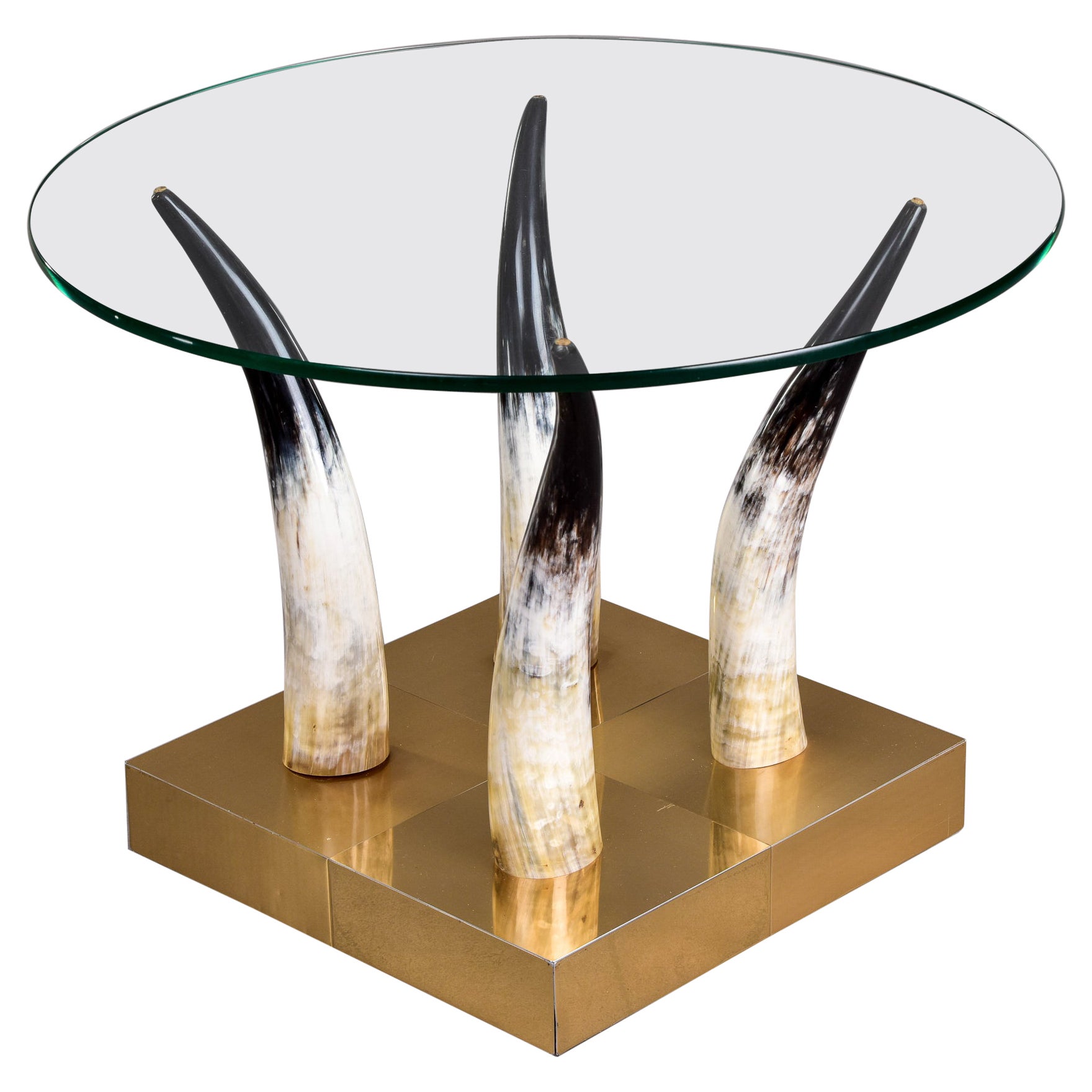 Mid Century Brass Glass and Horns Side Table with Casters For Sale
