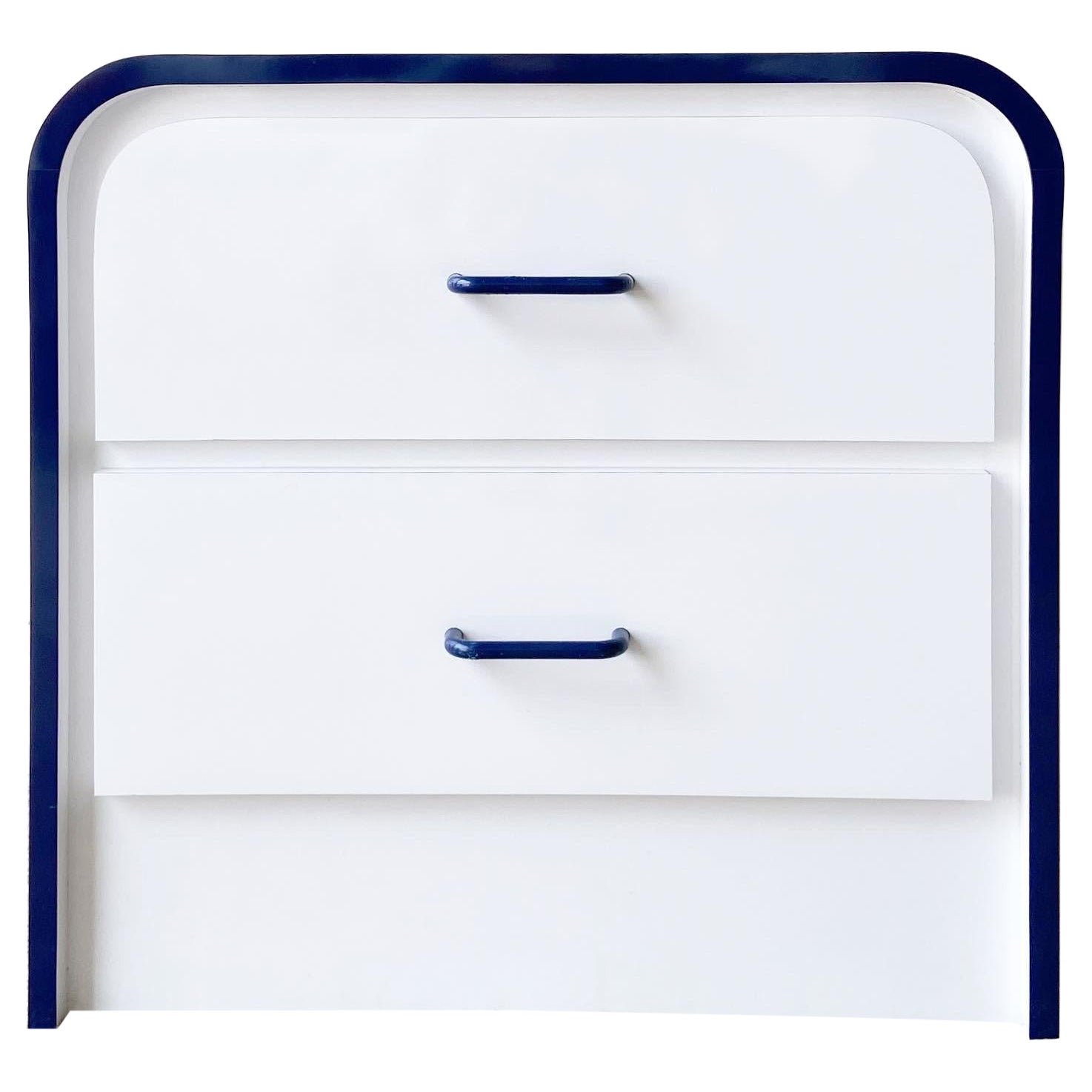 Postmodern White Lacquer Laminate Waterfall Nightstand with Navy Trim and Handle