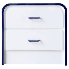 Vintage Postmodern White Lacquer Laminate Waterfall Nightstand with Navy Trim and Handle