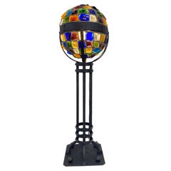 Secessionist Style Wrought Iron and Glass Chunk Jewel Newel Post Lamp, ca 1900