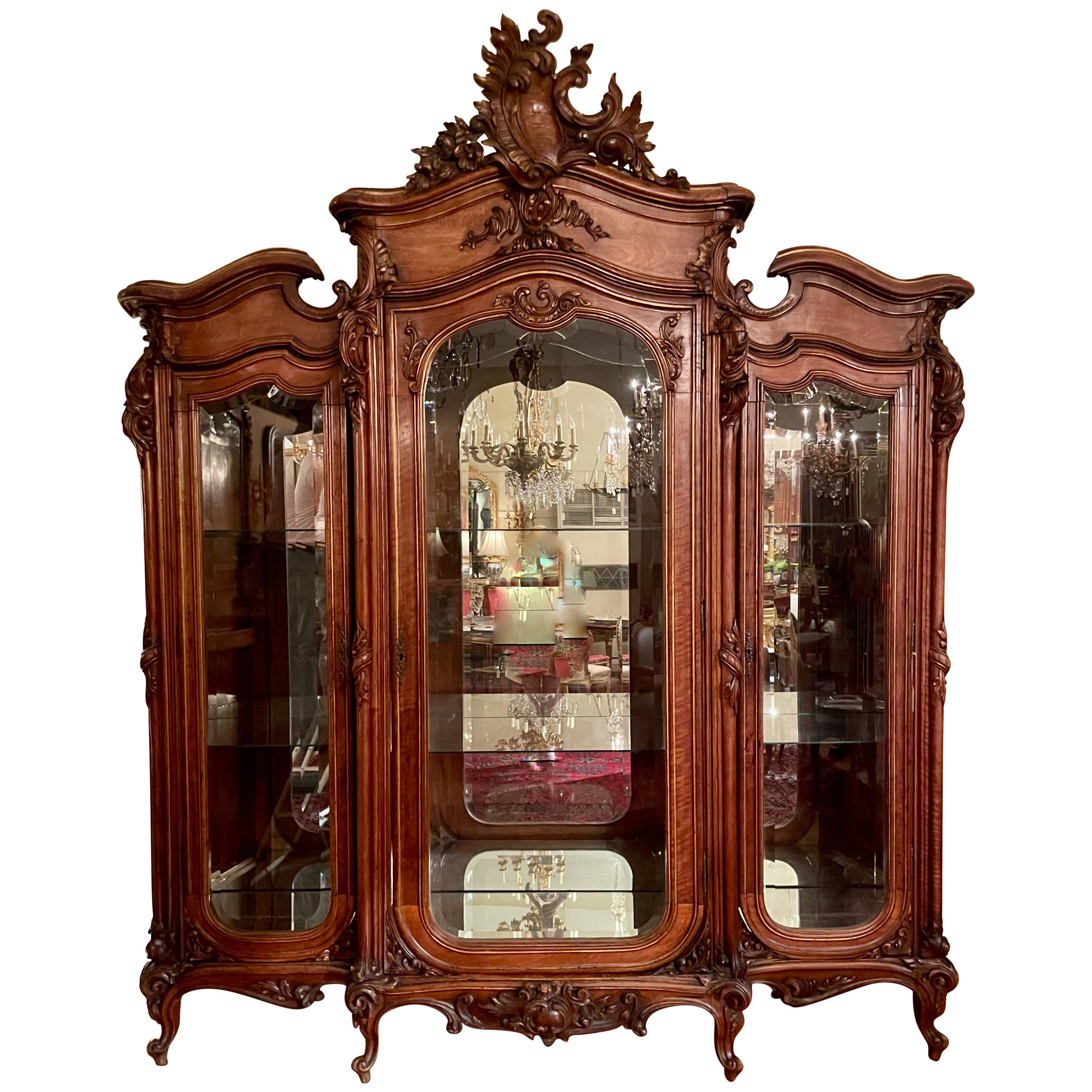 Antique French Carved "Walnut Massif" Armoire with Beveled Glass Doors, Ca. 1870