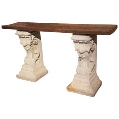 French Cement Corbels Console Table with Antique Plank Top