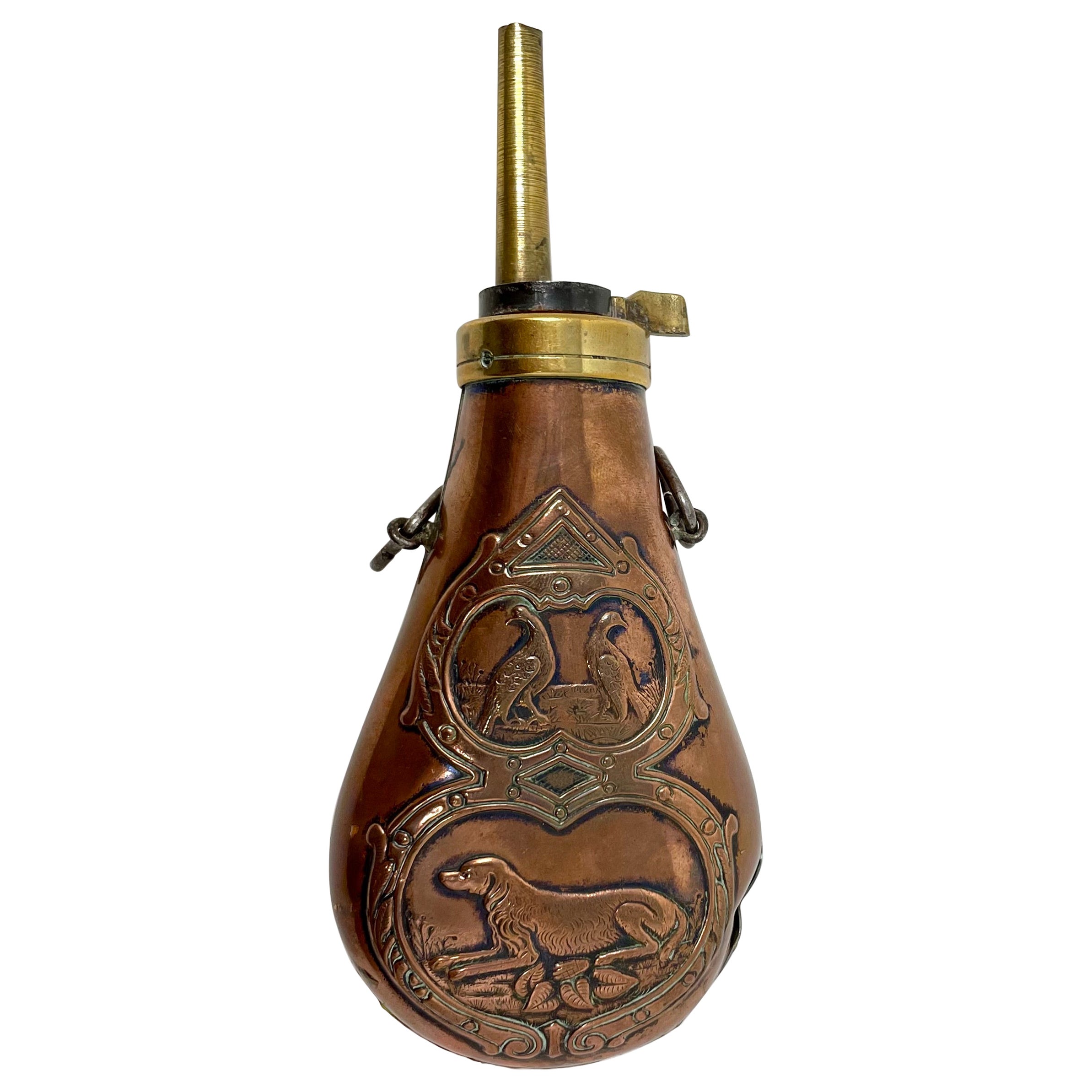 Antique 19th Century Embossed Copper and Brass Gun Powder Flask For Sale