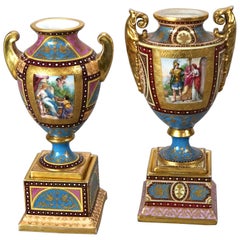 Antique Royal Vienna Hand Painted & Enamel Decorated Genre Scene Urns c1890