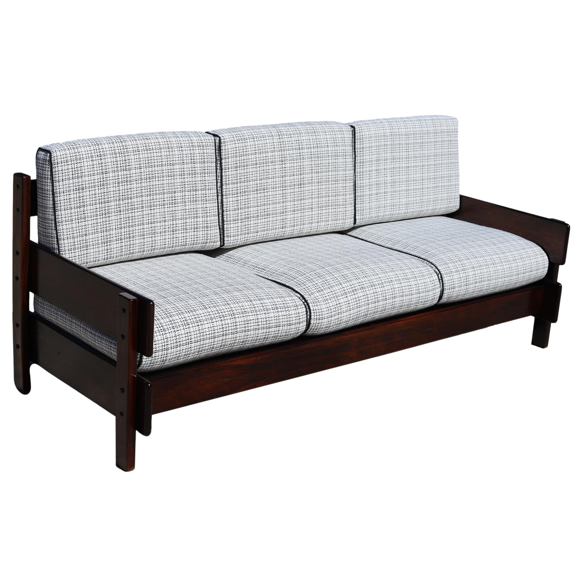 Brazilian Rosewood Sofa in Leather and Linen, Circa 60'