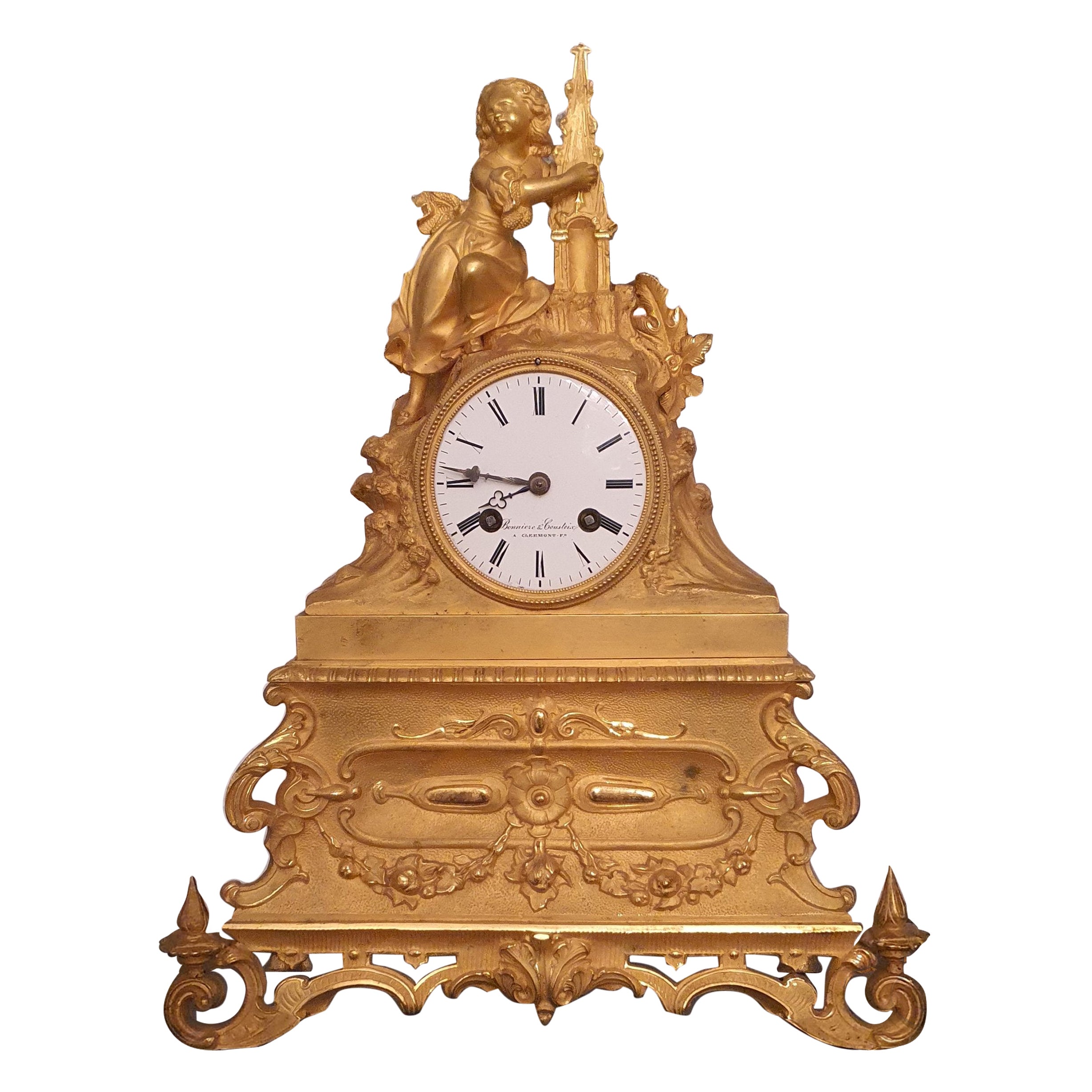 Exquisite 19th Gothic Revival Mantle Clock of Young Girl Holding Spire by Pons For Sale