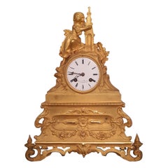 Exquisite 19th Gothic Revival Mantle Clock of Young Girl Holding Spire by Pons