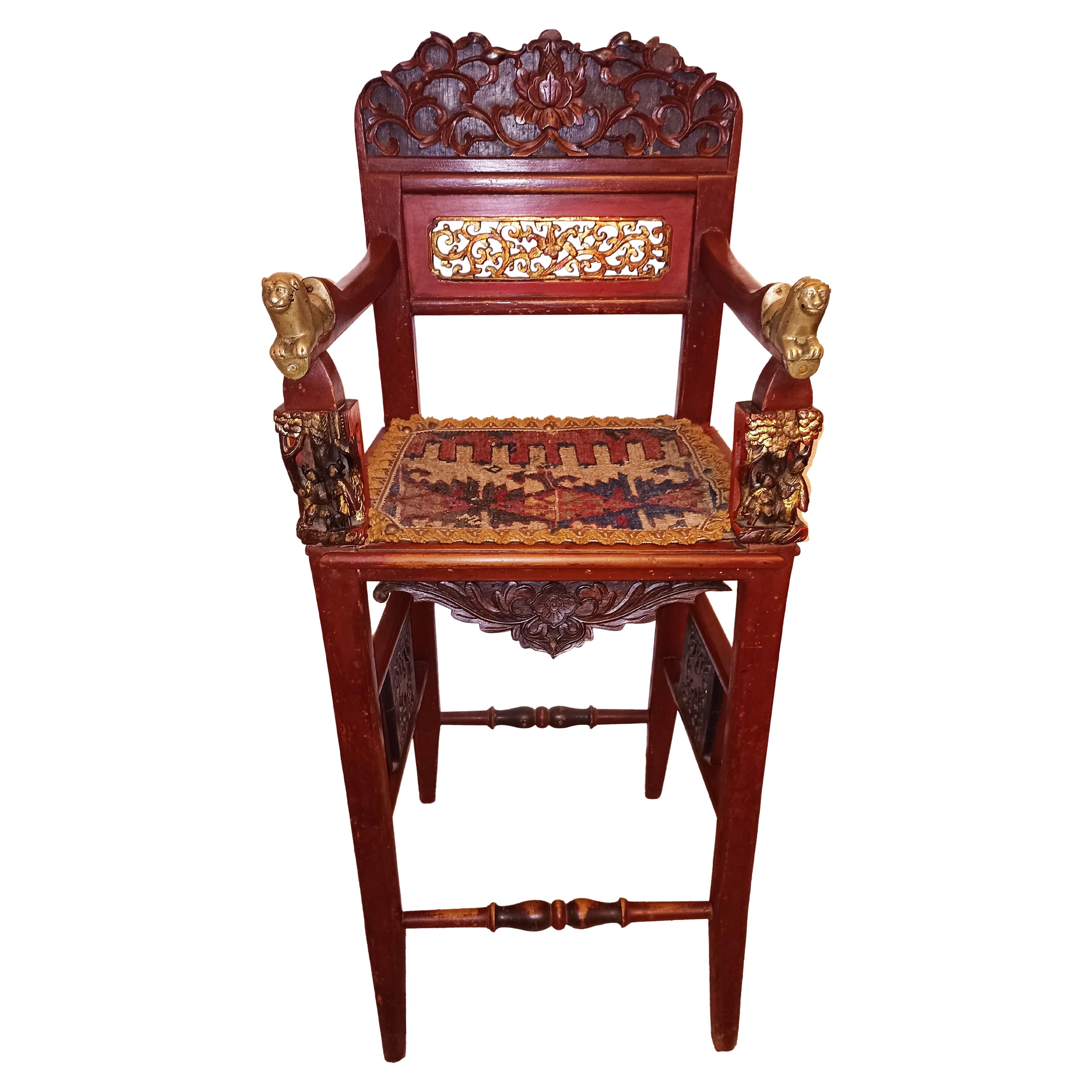 Stunning Early 20th Century Chinese Cinnabar Lacquered Royal Childs Thronechair For Sale
