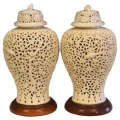 Pair Chinese Porcelain Antique Vases Lamps Garniture Old Vintage Blanc de Chine