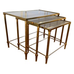 Set of Brass Nesting Tables Topped by Three Smoked Glass Trays, from the 70s