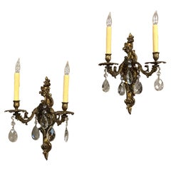 Pair Antique Louis XV Brass and Crystal Wall Sconces