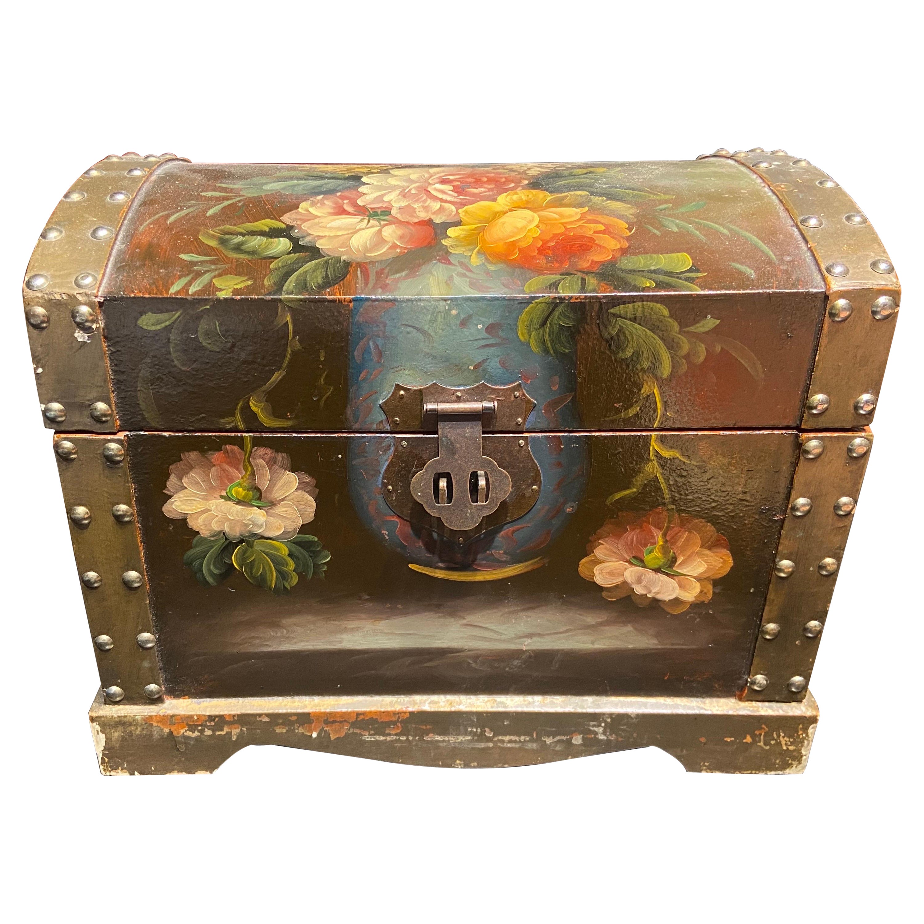 19th Century, French, Hand Painted in Flowers Wooden Box with Metal Decoration For Sale