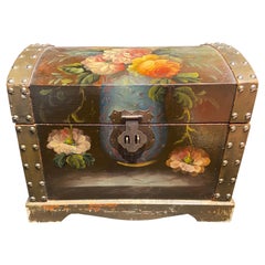 19th Century, French, Hand Painted in Flowers Wooden Box with Metal Decoration