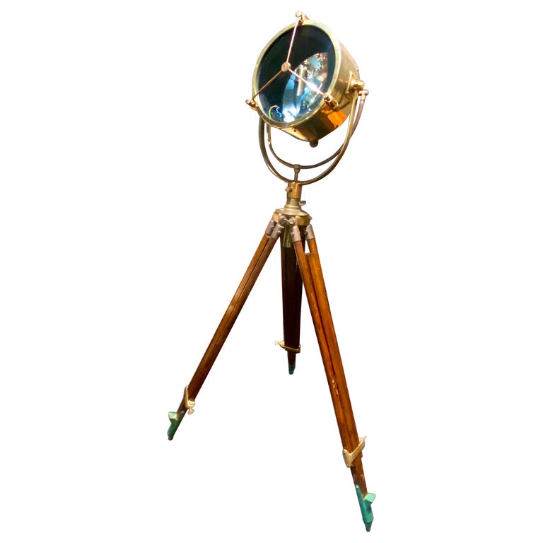Vintage French Brass Searchlight on Large Wooden Tripod, Floor Lamp For  Sale at 1stDibs