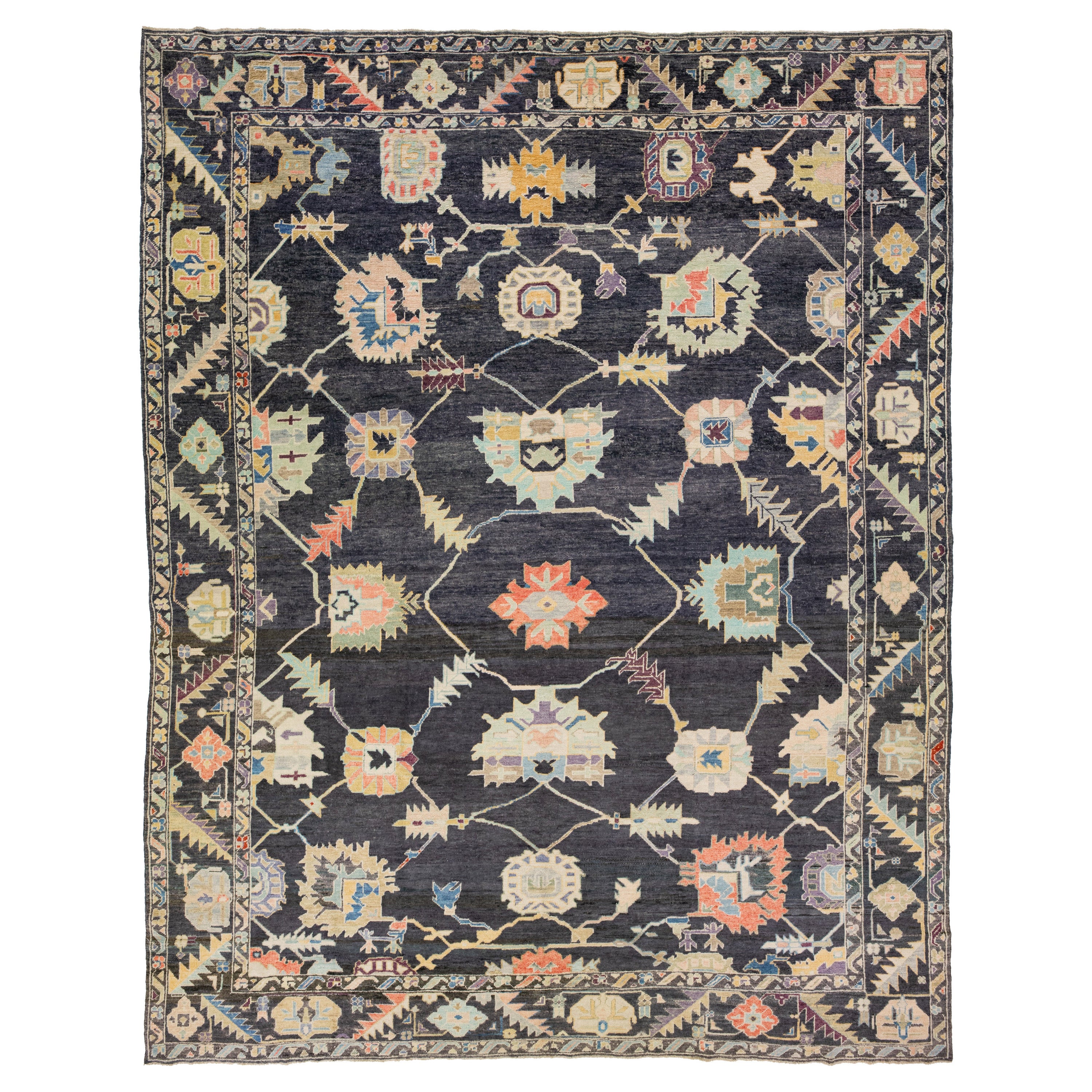 Modern Oushak Charcoal Handmade Turkish Wool Rug with Multicolor Floral Design For Sale
