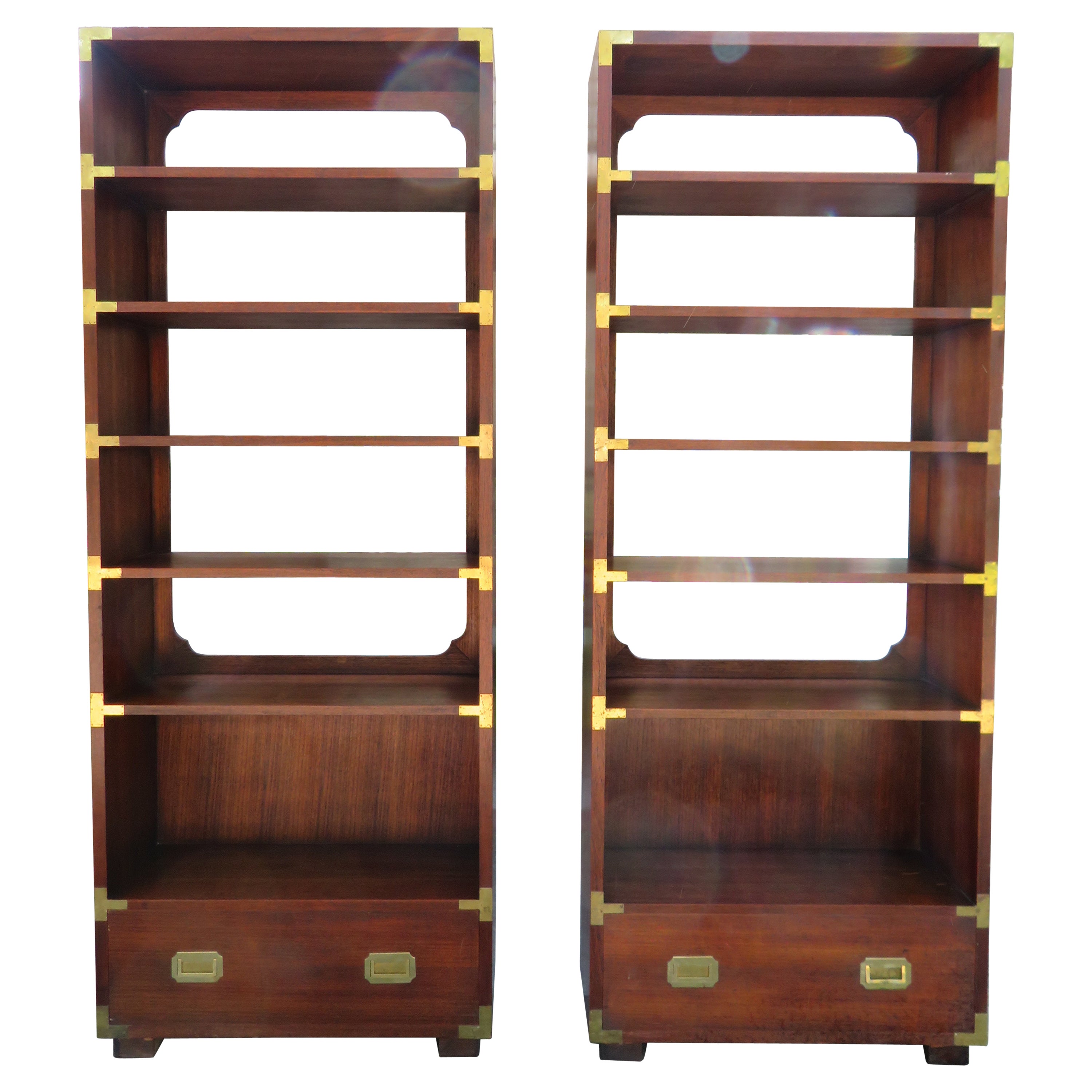 Stylish Pair Dixie Campaign Style Walnut Bookcase Etagere Shelves Mid-Century 