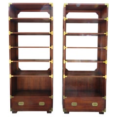 Stylish Pair Dixie Campaign Style Walnut Bookcase Etagere Shelves Mid-Century 